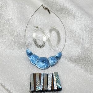 Ice Blue Statement Necklace Abalone Wood Bracelet Teardrop Earrings